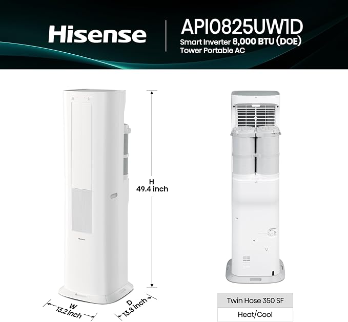 API0825UW1D Smart Inverter Twin Hose 8,000 BTU (DOE) 350 SF Heat/Cool Tower Portable Air Conditioner, White, alternate