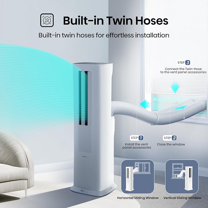 API0825UW1D Smart Inverter Twin Hose 8,000 BTU (DOE) 350 SF Heat/Cool Tower Portable Air Conditioner, White, alternate