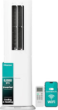 API0825UW1D Smart Inverter Twin Hose 8,000 BTU (DOE) 350 SF Heat/Cool Tower Portable Air Conditioner, White, Compatible with