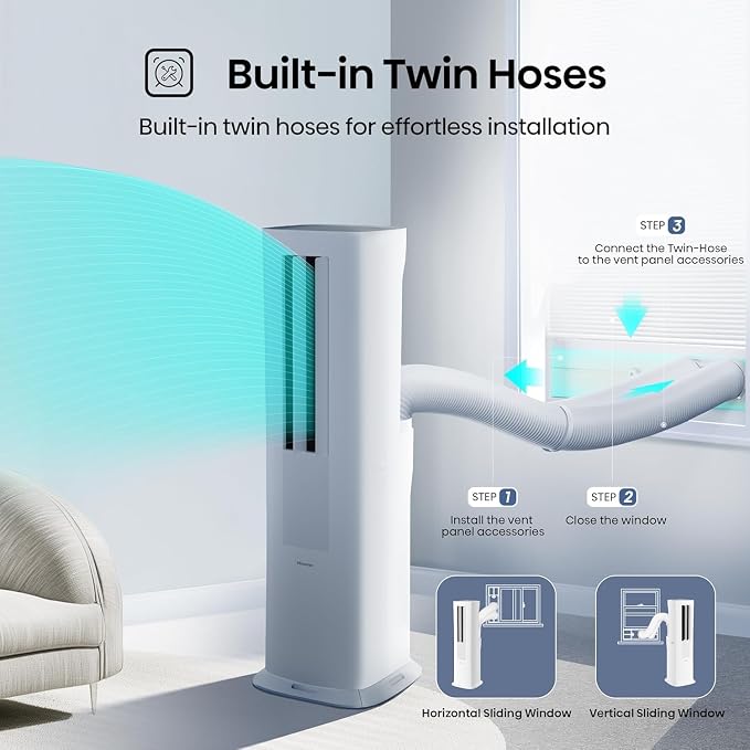 API0825UW1D Smart Inverter Twin Hose 8,000 BTU (DOE) 350 SF Heat/Cool Tower Portable Air Conditioner, White, Compatible with
