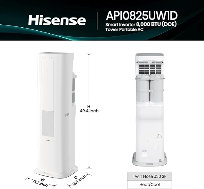 API0825UW1D Smart Inverter Twin Hose 8,000 BTU (DOE) 350 SF Heat/Cool Tower Portable Air Conditioner, White, Compatible with