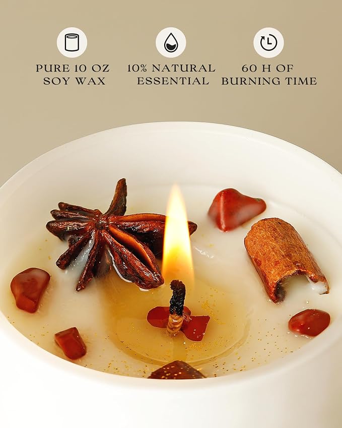 Apple Cinnamon Scented Candles for Women - Aromatherapy Candle with Crystals Inside, 10oz Soy Candles for Home Scented