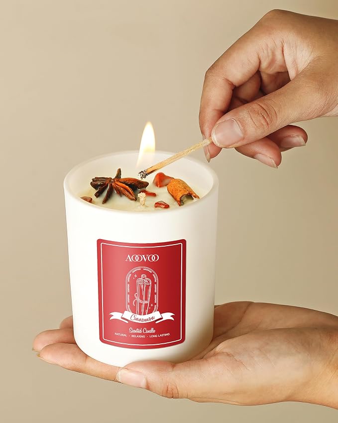 Apple Cinnamon Scented Candles for Women - Aromatherapy Candle with Crystals Inside, 10oz Soy Candles for Home Scented