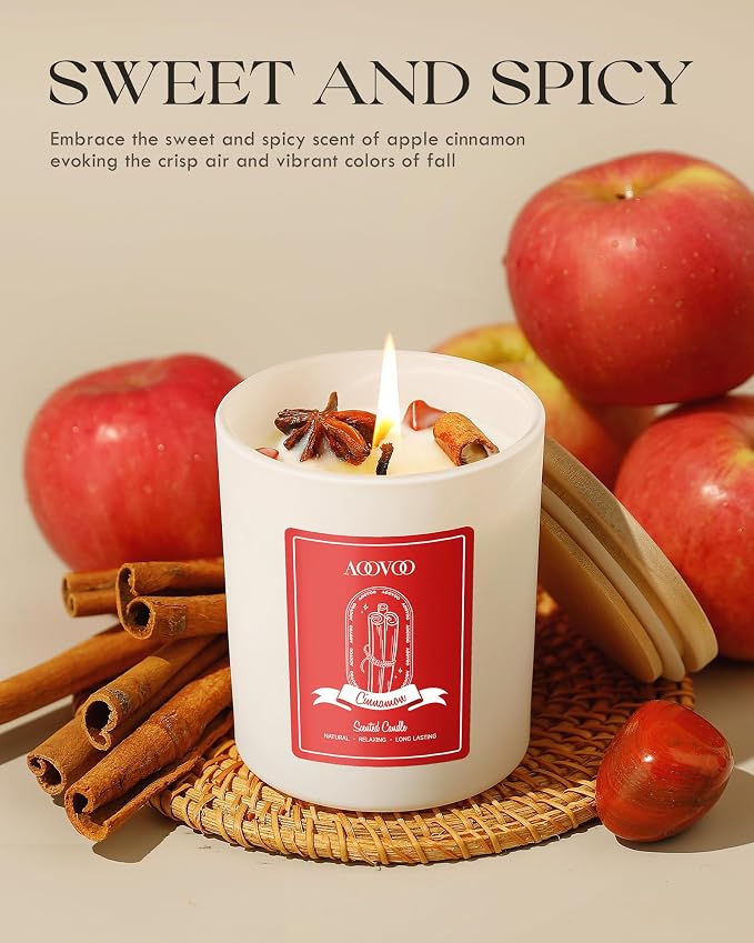 Apple Cinnamon Scented Candles for Women - Aromatherapy Candle with Crystals Inside, 10oz Soy Candles for Home Scented
