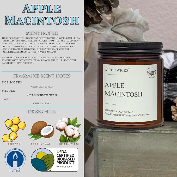 Apple Macintosh Scented Candle | 9oz Amber Jar | made from natural materials Coconut & Beeswax Candles |, alternate product