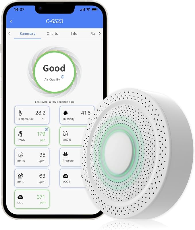 AQS1 9-in-1 Air Quality Monitor - PM1/2.5/10, TVOC, CO2/CO2e, Temp/RH/Air Pressure, Multiple Alerts, WiFi/RS485 Connectivity
