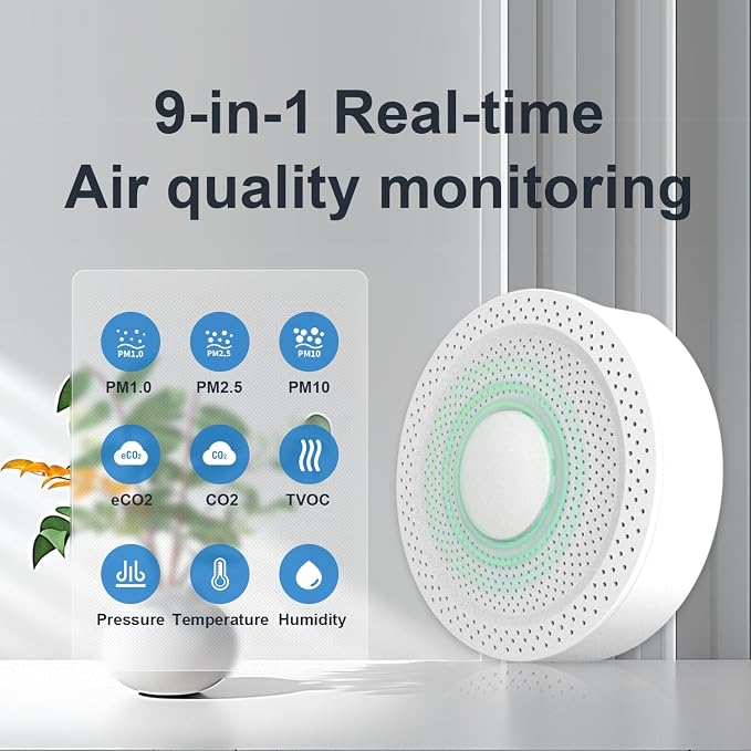 AQS1 9-in-1 Air Quality Monitor - PM1/2.5/10, TVOC, CO2/CO2e, Temp/RH/Air Pressure, Multiple Alerts, WiFi/RS485 Connectivity