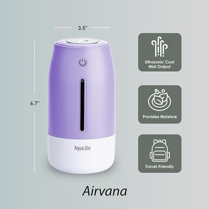 Aqua Glo Personal, Portable Humidifiers for Bedroom – Ultrasonic Cool Mist Humidifier with Built In Rechargeable Battery.
