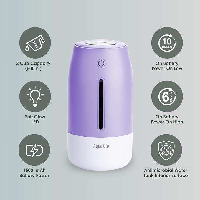 Aqua Glo Personal, Portable Humidifiers for Bedroom – Ultrasonic Cool Mist Humidifier with Built In Rechargeable Battery.