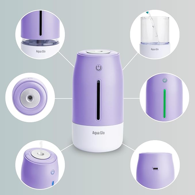 Aqua Glo Personal, Portable Humidifiers for Bedroom – Ultrasonic Cool Mist Humidifier with Built In Rechargeable Battery.