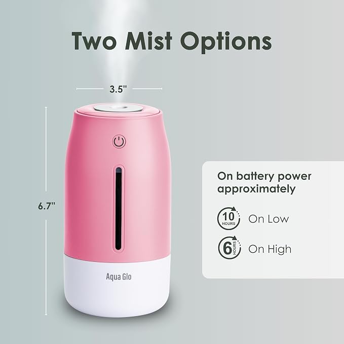 Aqua Glo Personal, Portable Humidifiers for Bedroom – Ultrasonic Cool Mist Humidifier with Built In Rechargeable Battery.