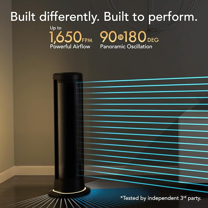 ARA® Oscillating Tower Fan with Ambient Light and Remote, 40 Inch, Quiet Powerful Standing Fan, 5 Speeds, Touch Control