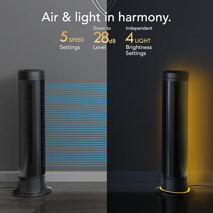 ARA® Oscillating Tower Fan with Ambient Light and Remote, 40 Inch, Quiet Powerful Standing Fan, 5 Speeds, Touch Control