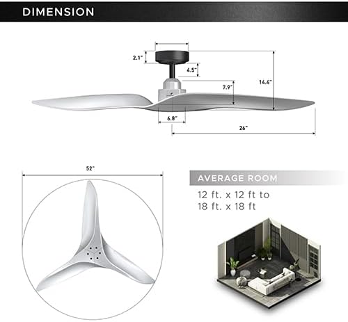 ARC 52-Inch Modern Silver Ceiling Fan with Remote Control – No Light, Ultra Quiet DC Motor, Reversible 3-Blade Fan for Indoor
