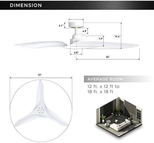 ARC 52-Inch Modern White Ceiling Fan with Remote Control – No Light, Ultra Quiet DC Motor, Reversible 3-Blade, alternate view