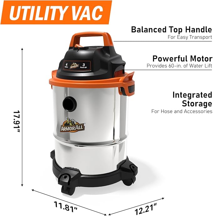 Armor All VO408S 0901 4 Gallon 3 Peak HP Stainless Steel Wet/Dry Vacuum, Orange, alternate product view 2