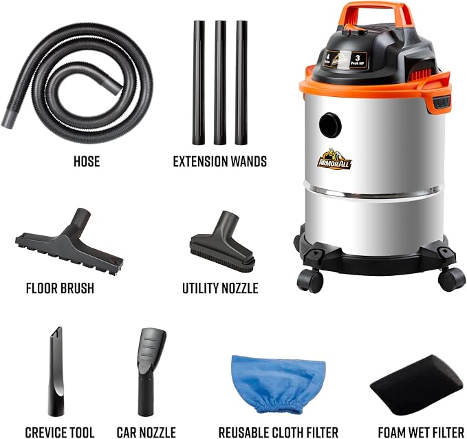Armor All VO408S 0901 4 Gallon 3 Peak HP Stainless Steel Wet/Dry Vacuum, Orange, alternate product view 3