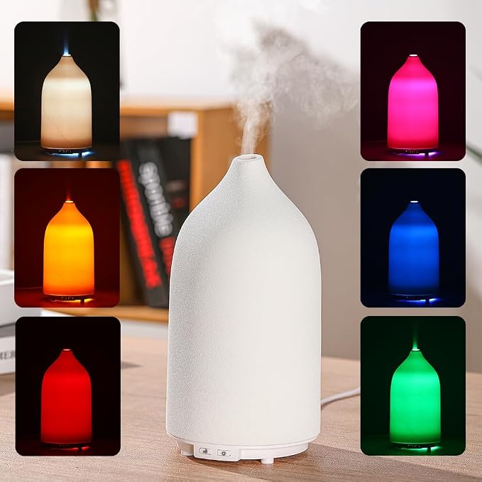 Aroma Diffuser,500ML Ceramic Ultrasonic Essential Oil Diffuser for Aromatherapy with 7-Color LED Light Waterless Auto Off for