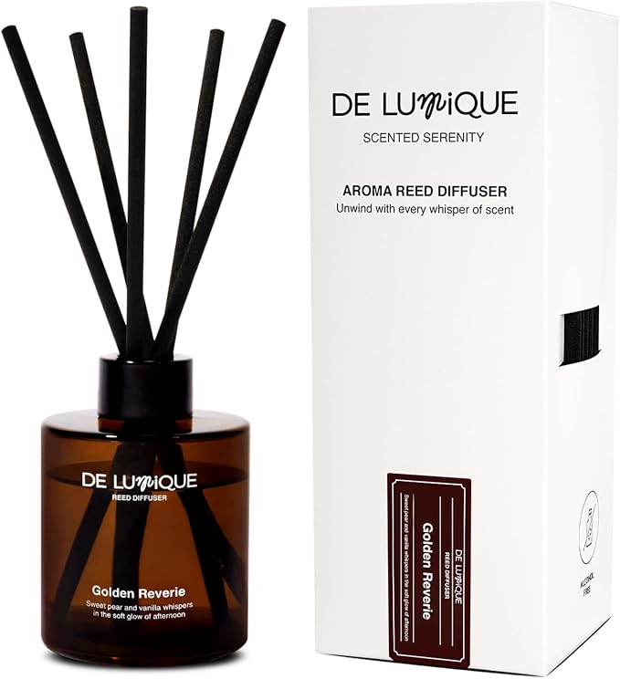 Aroma Diffuser for Home – Golden Reverie Reed Diffuser with Essential Oils – Long Lasting Room Scent Diffuser, Vanilla Pear