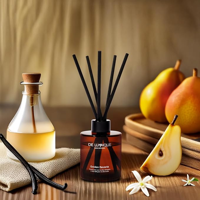 Aroma Diffuser for Home – Golden Reverie Reed Diffuser with Essential Oils – Long Lasting Room Scent Diffuser, Vanilla Pear