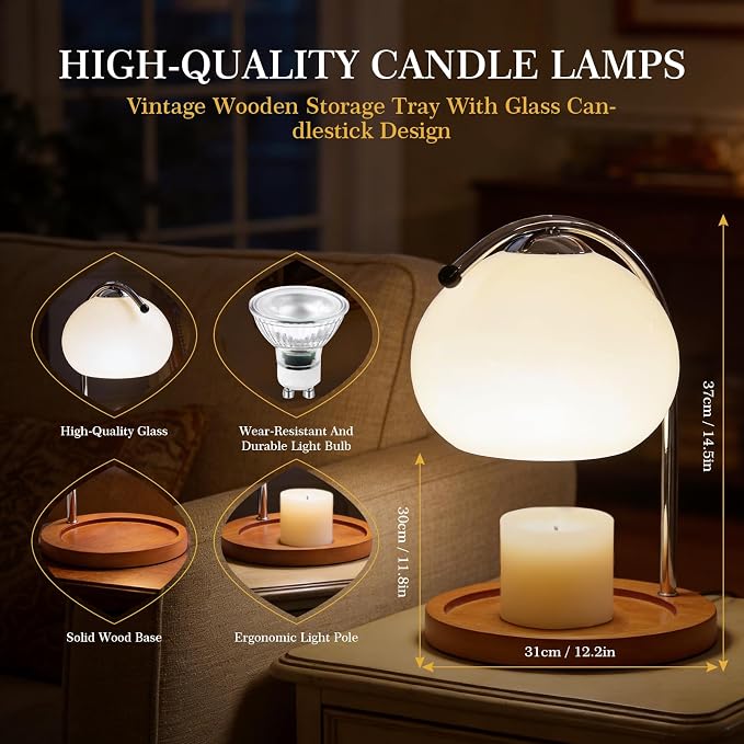 Aroma Wax Melting Lamp Retro Wood Storage Tray Glass Candle Warmer Desk Lamp, Bedroom Bedside Ambient Table Lamp Home Decor