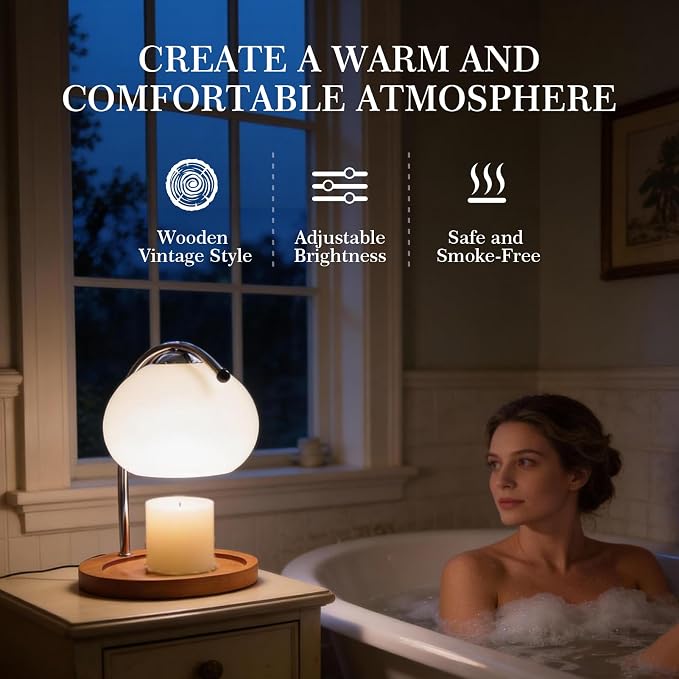 Aroma Wax Melting Lamp Retro Wood Storage Tray Glass Candle Warmer Desk Lamp, Bedroom Bedside Ambient Table Lamp Home Decor