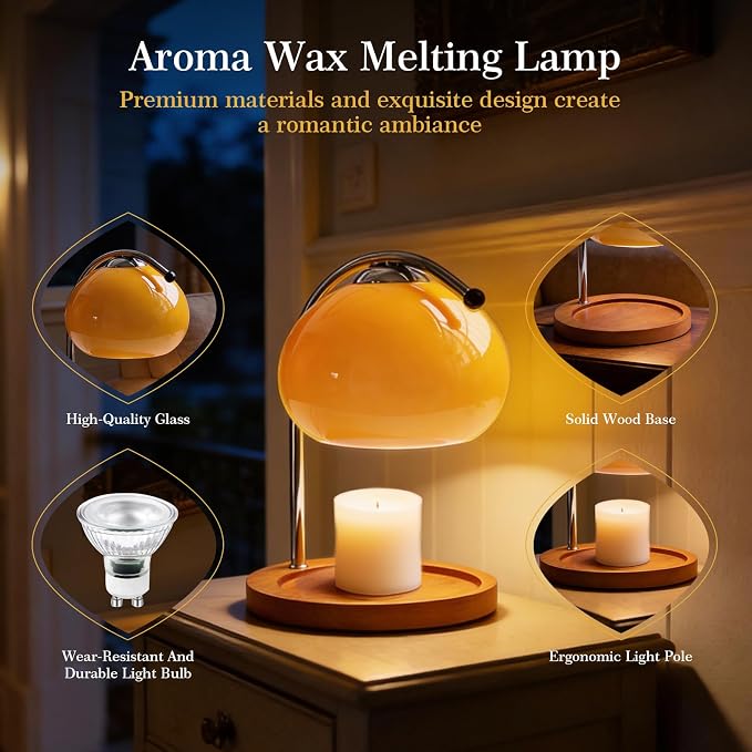 Aroma Wax Melting Lamp Retro Wood Storage Tray Glass Candle Warmer Desk Lamp Bedroom Bedside Ambient Table Lamp, alternate