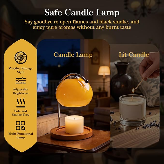 Aroma Wax Melting Lamp Retro Wood Storage Tray Glass Candle Warmer Desk Lamp Bedroom Bedside Ambient Table Lamp, alternate