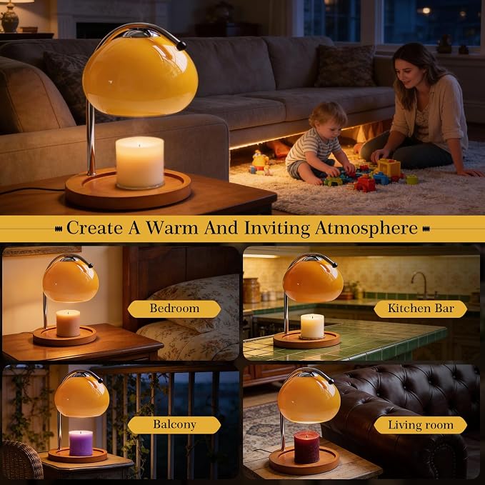 Aroma Wax Melting Lamp Retro Wood Storage Tray Glass Candle Warmer Desk Lamp Bedroom Bedside Ambient Table Lamp, alternate