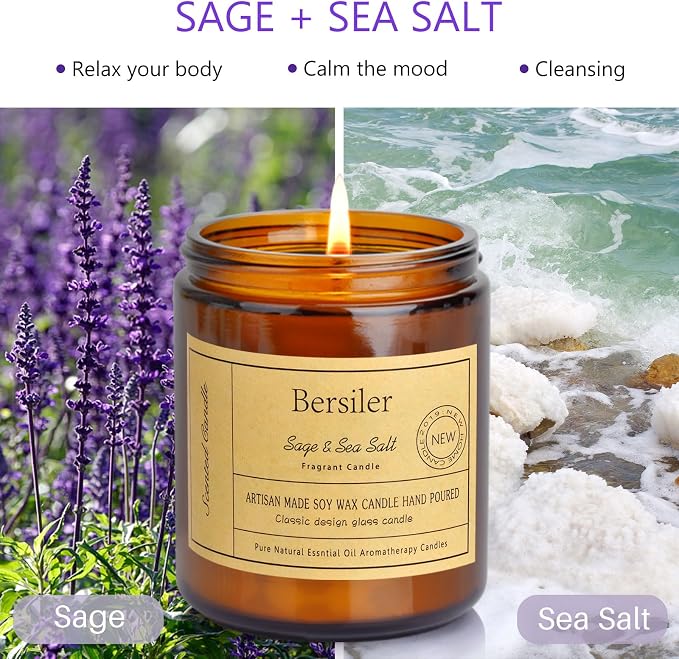 Aromatherapy Candles, Scented Candles, 7 OZ Sage Sea Salt Candles, Stress Relief and Relax for Home & Bedroom Gift for Women