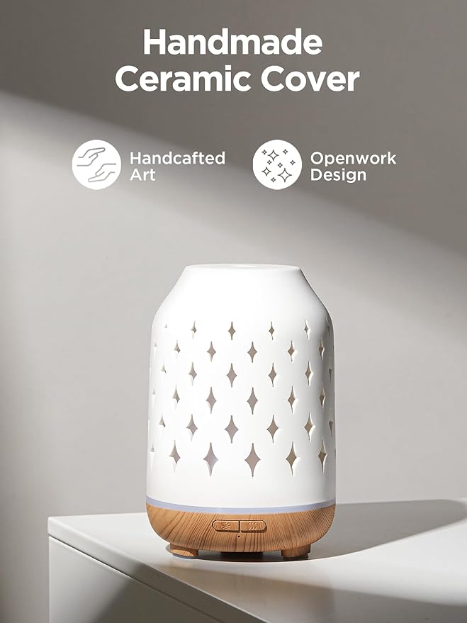 Aromatherapy Diffuser, 150ml Ceramic Diffuser Ultrasonic Humidifier Cool Mist Essential Oil Diffusers for Home Air Diffuser