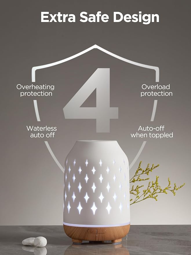 Aromatherapy Diffuser, 150ml Ceramic Diffuser Ultrasonic Humidifier Cool Mist Essential Oil Diffusers for Home Air Diffuser