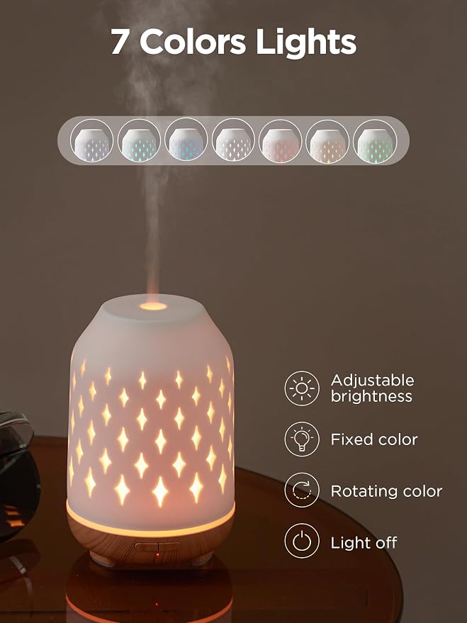 Aromatherapy Diffuser, 150ml Ceramic Diffuser Ultrasonic Humidifier Cool Mist Essential Oil Diffusers for Home Air Diffuser