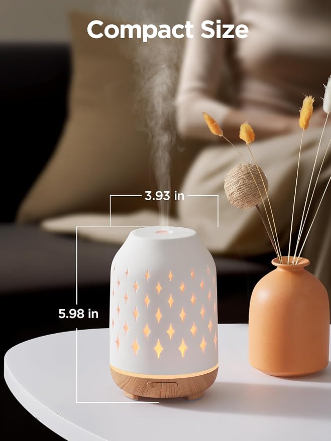 Aromatherapy Diffuser, 150ml Ceramic Diffuser Ultrasonic Humidifier Cool Mist Essential Oil Diffusers for Home Air Diffuser
