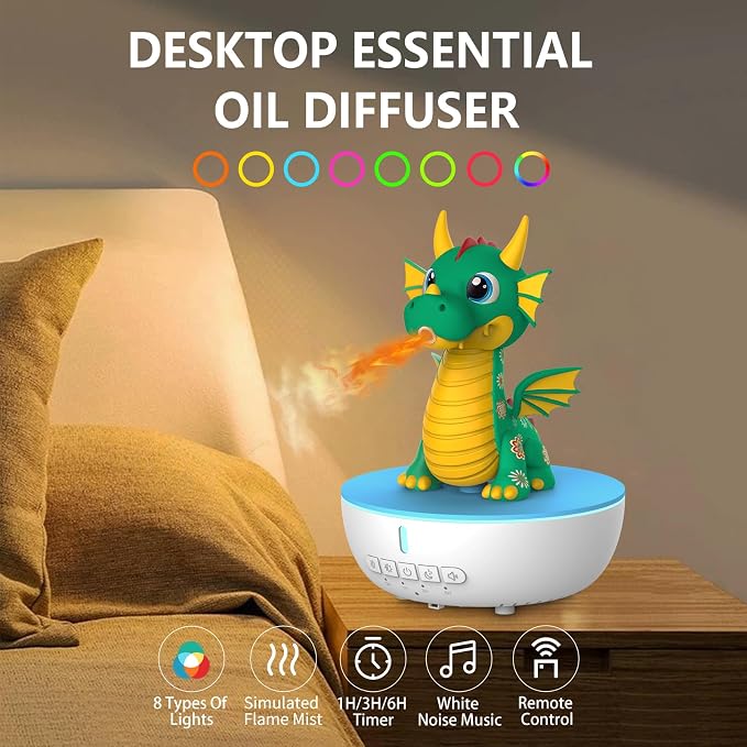 Aromatherapy Dragon Humidifier, 200ML Essential Oil Diffuser with Remote & Timer, White Noise Machine with 10 Soothing
