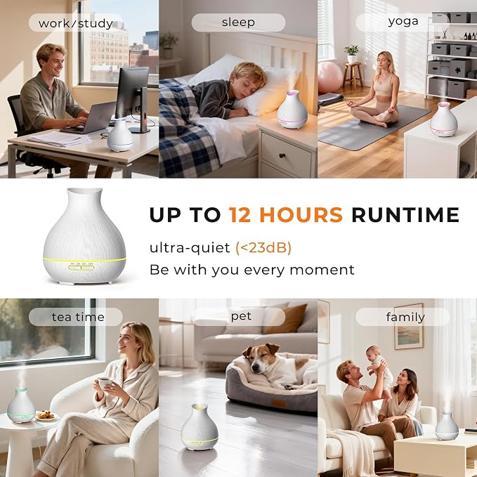 Aromatherapy Essential Oil Diffuser 550ml 12 Hours White Wood Grain Aroma Diffuser with Timer for Large Room, Home, Baby
