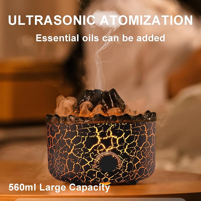 Aromatherapy Essential Oil Diffuser, 560ml Ultrasonic Cool Mist Diffuser/Humidifier with Flame & Volcano 2 Mist Mode