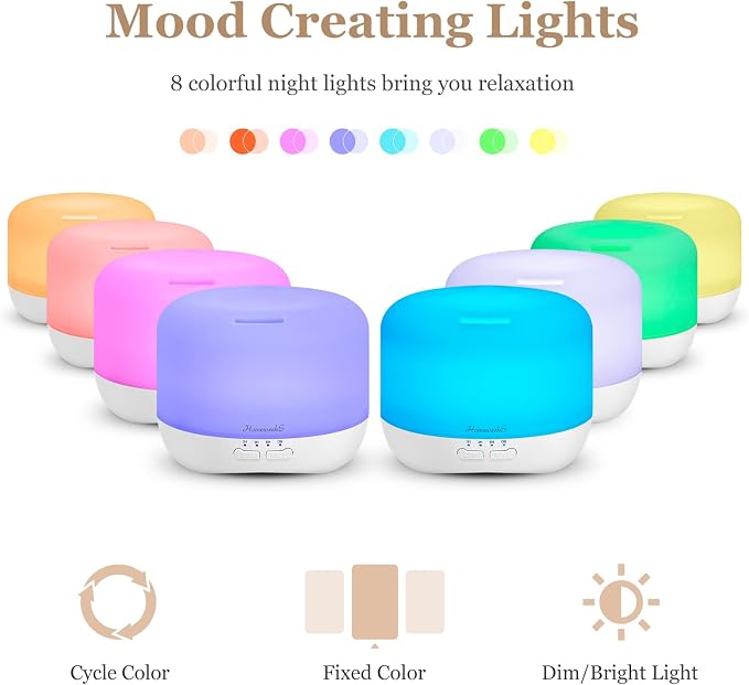Aromatherapy Essential Oil Diffuser for Room: 500ml Colorful Aroma Air Humidifier with Adjustable Cool Mist Mode, alternate