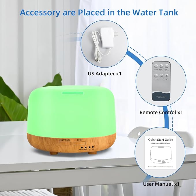 Aromatherapy Essential Oil Home Diffuser with Remote Control, 300ML Large Room Cool Mist Air Humidifier, 8 Hours Quiet