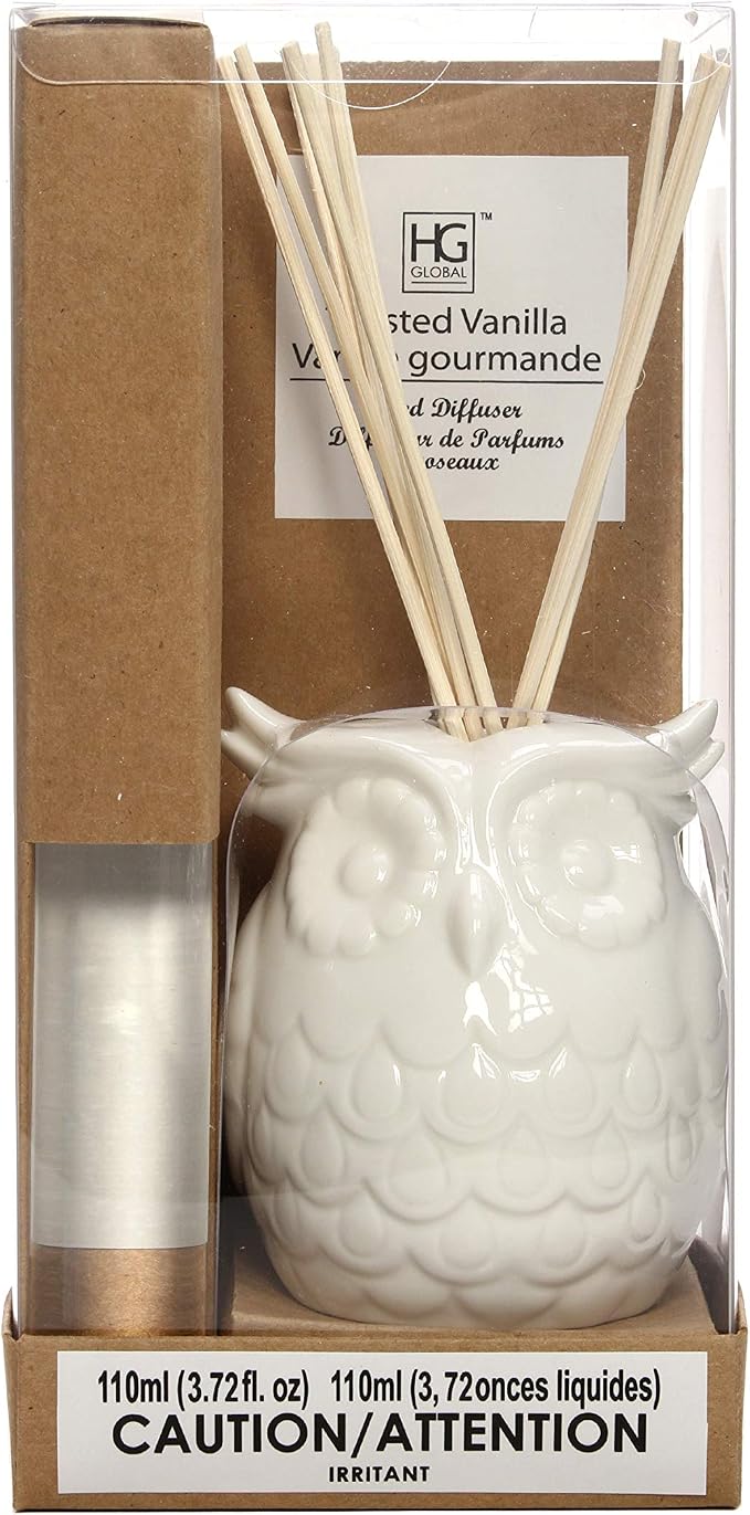 Aromatherapy Vanilla Diffuser Oil with Ceramic Owl Farmhouse Bottle & Reed Sticks - 110ml Ideal Gift for Home Decor