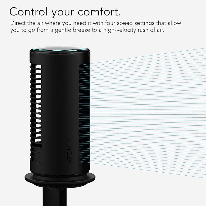 ATOM 1S Compact Oscillating Tower Fan with Removable Stand, 40" tall, 4 Speeds, Black, alternate product view 5