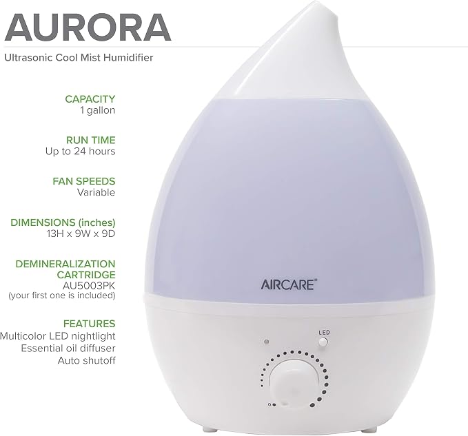 Aurora Ultrasonic Cool Mist Humidifier, Whisper-Quiet between 8-24 hours, Seven Color LED Night Light, alternate product view