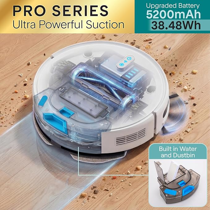 Automatic Robot Vacuum Cleaner and Mop Combo, Pro Edition with Upgraded Battery, Extreme Suction, Internal Water Tank - Smart