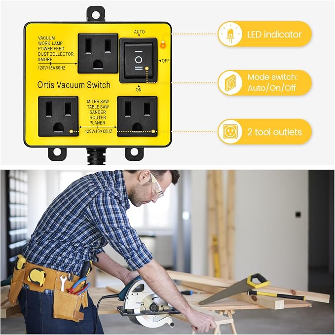 Automatic Vacuum Switch, Vacuum Switch for More Power Tools, Delay Vacuum On/Off to Prevent Circuit Overload and Tripping