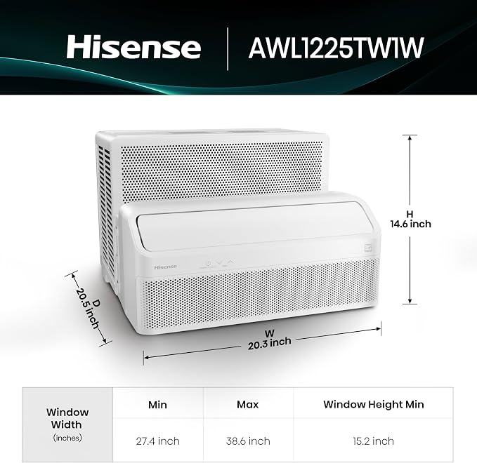 AWL1225TW1W Window Air Conditioner, White, 12000 BTU Smart Inverter, L Shaped, Open Window Flexibility, Easy Installation