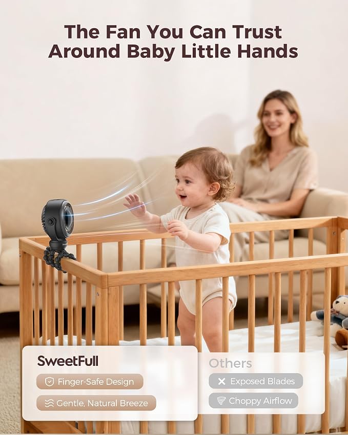 Baby Stroller Fan - 4000mAh Rechargeable 4-Speed Quiet with LED Display & Night Light, Mini Portable 360° Clip, alternate