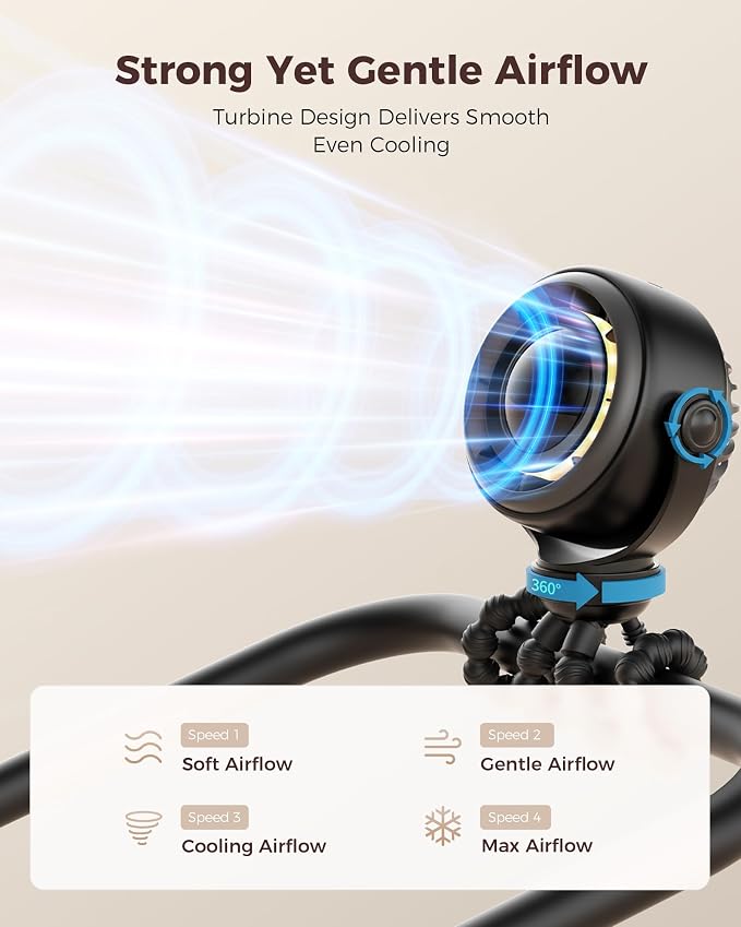 Baby Stroller Fan - 4000mAh Rechargeable 4-Speed Quiet with LED Display & Night Light, Mini Portable 360° Clip, alternate