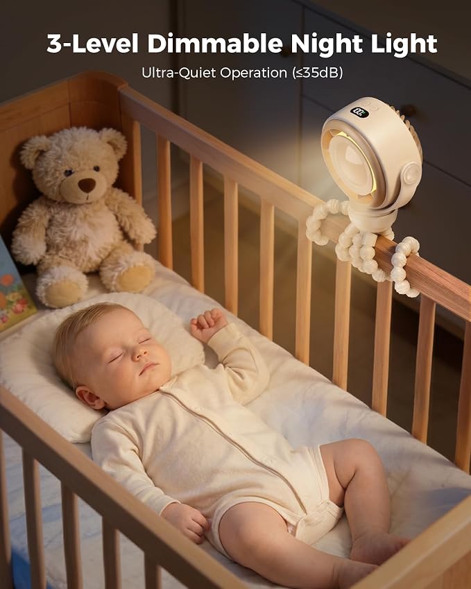 Baby Stroller Fan - 4000mAh Rechargeable 4-Speed Quiet with LED Display & Night Light, Mini Portable 360° Clip, alternate