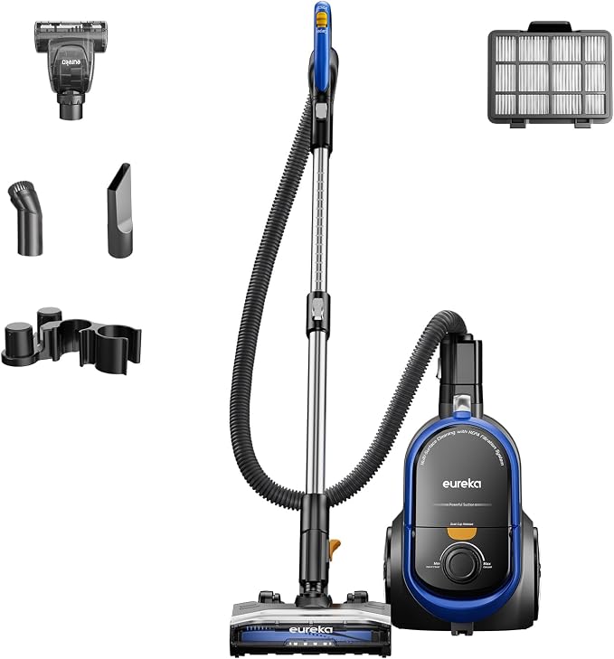 Bagless Canister Vacuum with Washable HEPA Filter, 16KPA Suction for Carpets/Hard Floors, Compact Design with 3 Cleaning