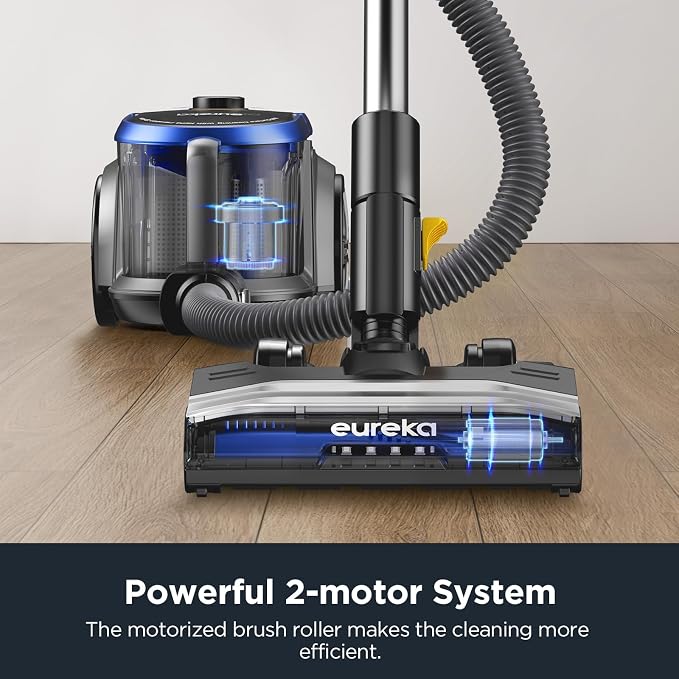 Bagless Canister Vacuum with Washable HEPA Filter, 16KPA Suction for Carpets/Hard Floors, Compact Design with 3 Cleaning